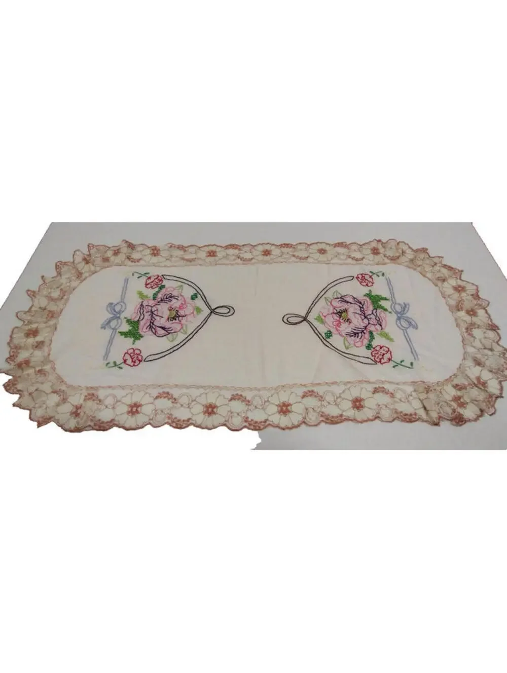 1930s Placemat Embroider Delicate Lace Bow 40s Roses Cotton 50s Vanity Display